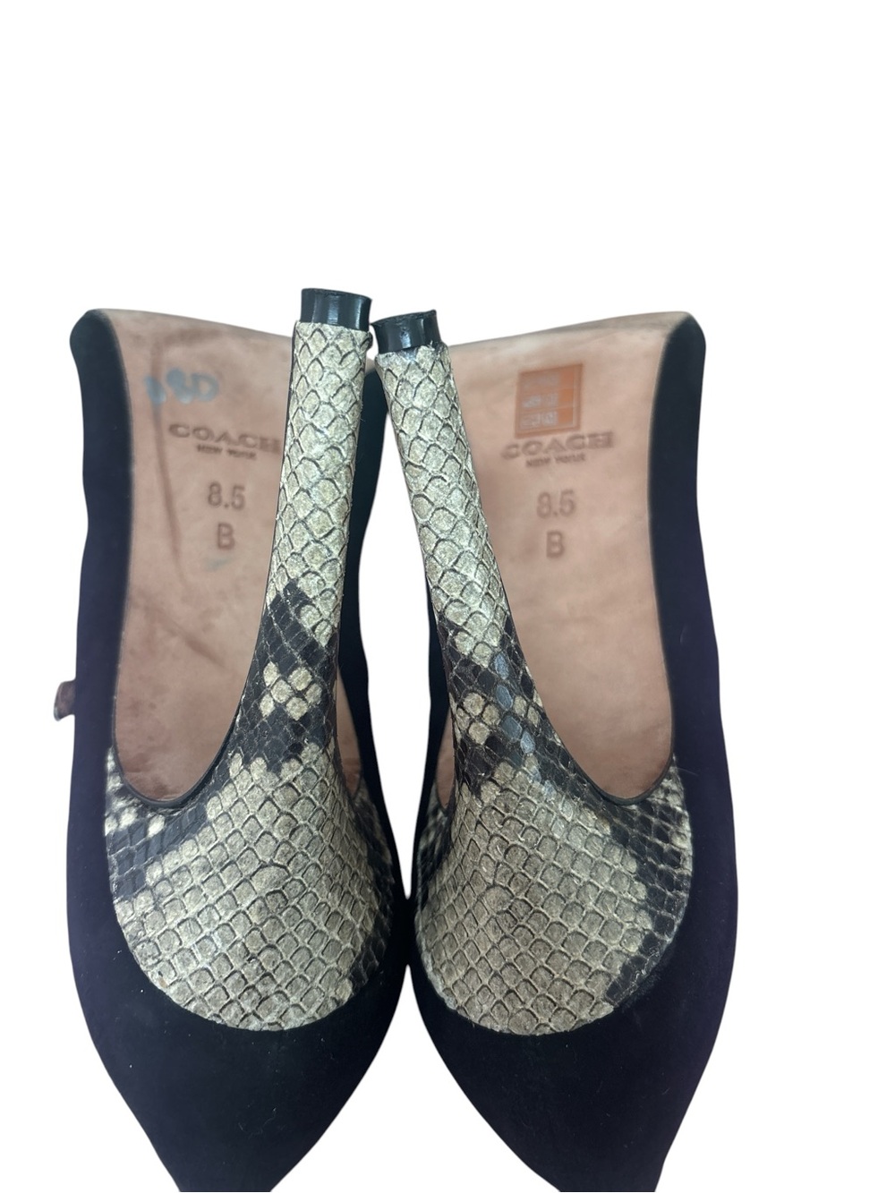Coach Fulton Black Suede Pointed-Toe Heels with Snake-Print T-Strap - Picture 4 of 5